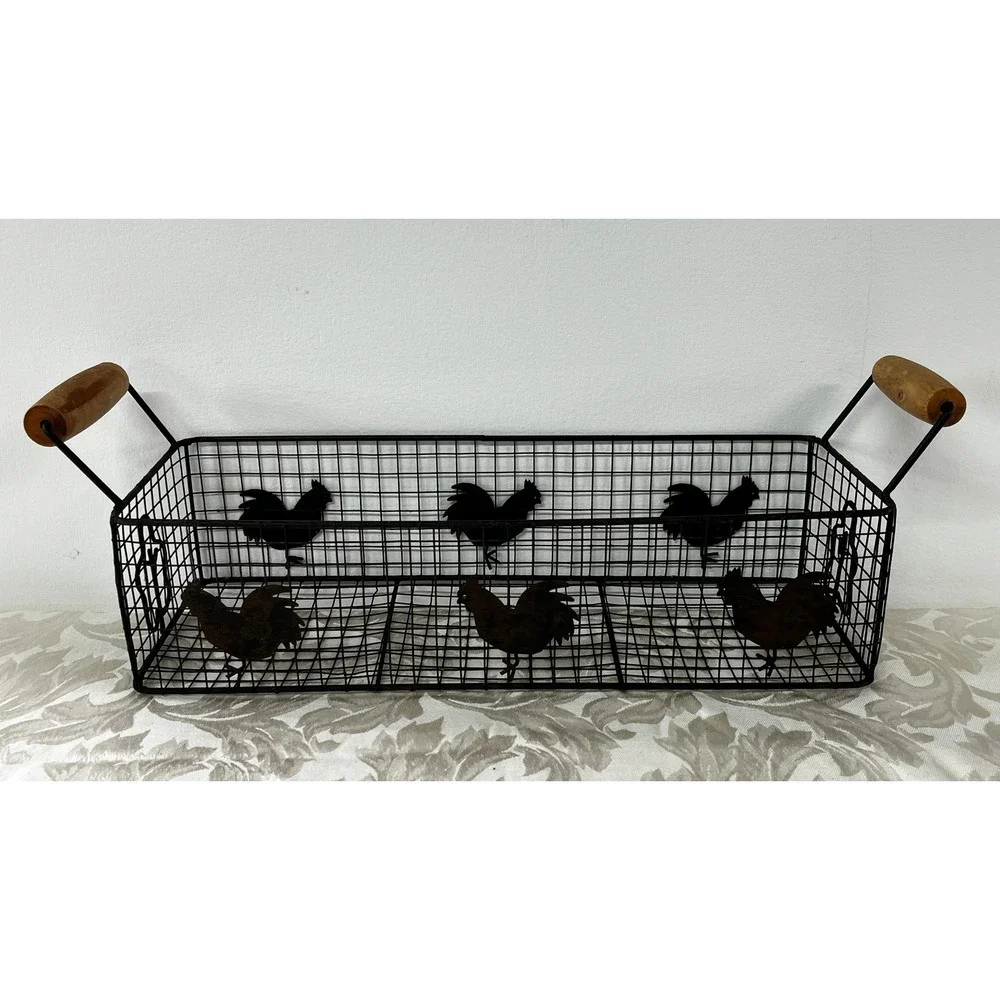 Rectangular Wire Rooster Basket Farmhouse Metal Storage Wood Handles 19x5.5 in